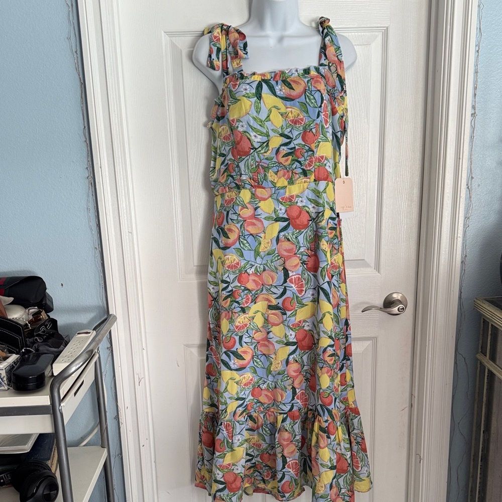 Sleeveless Tie-Shoulder Maxi Dress in Blue Floral Fruit Print